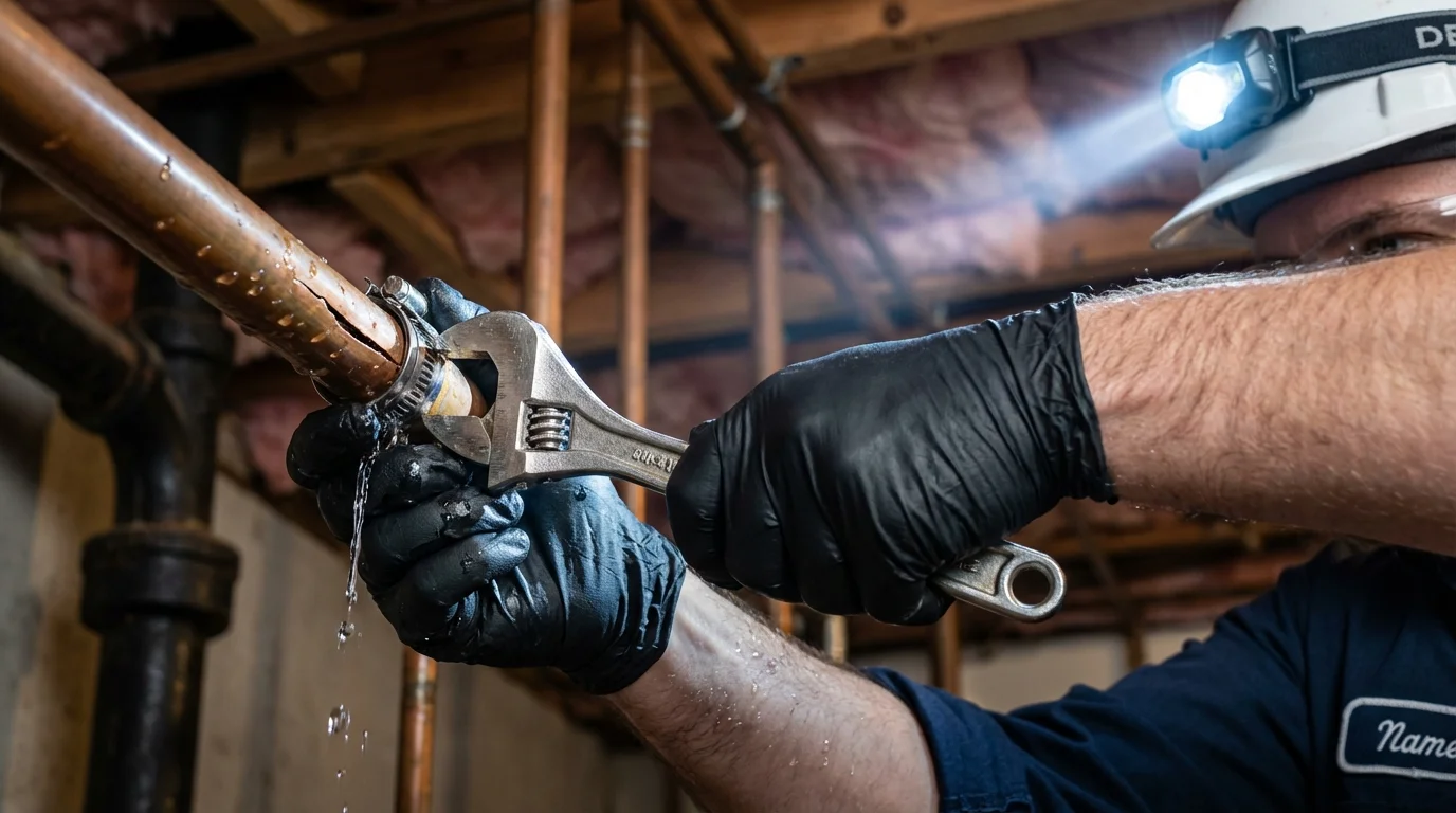 Emergency pipe clamp repair being performed by a Johns Plumbing LLC plumber in Barnstead