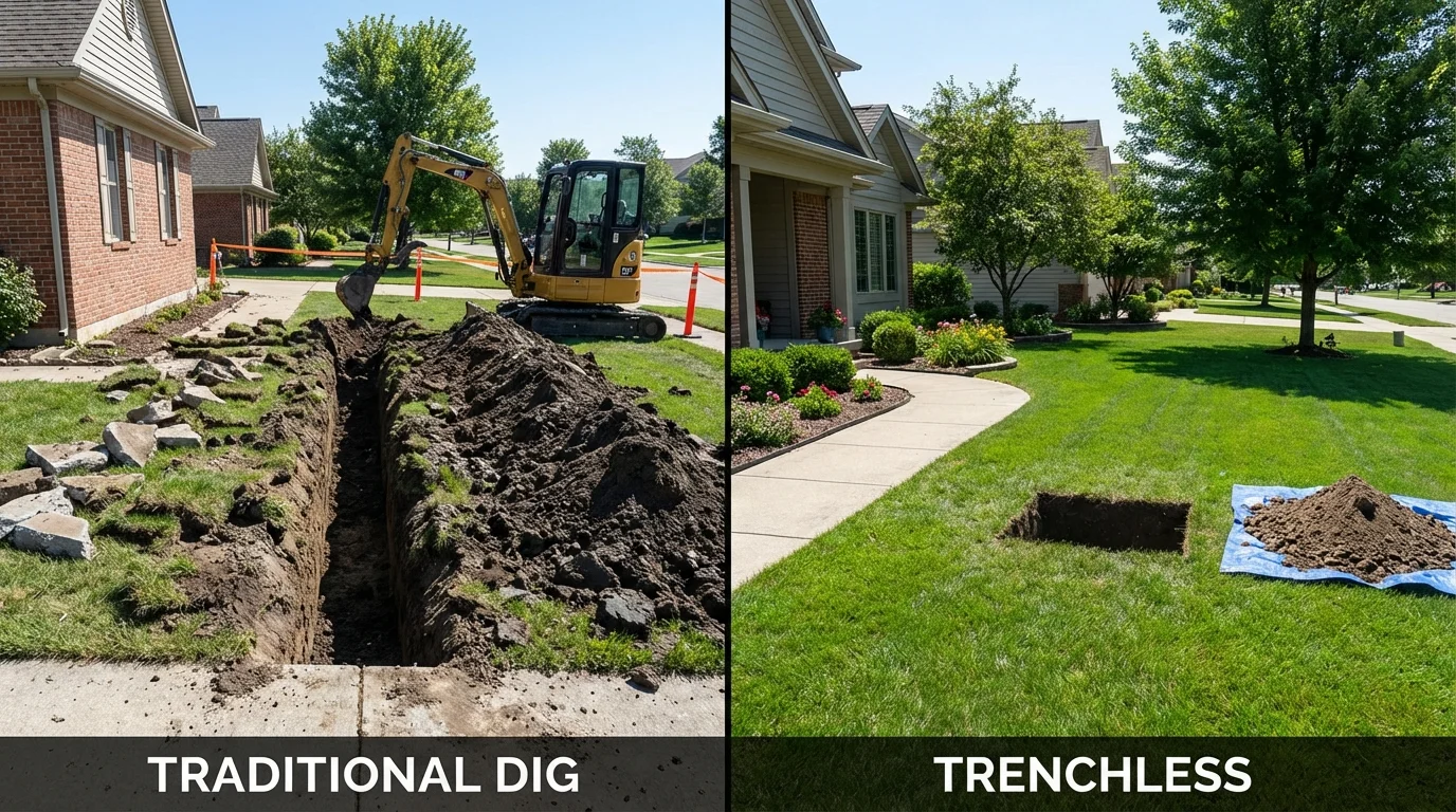 Trenchless sewer repair with minimal yard damage versus traditional excavation in Barnstead, NH