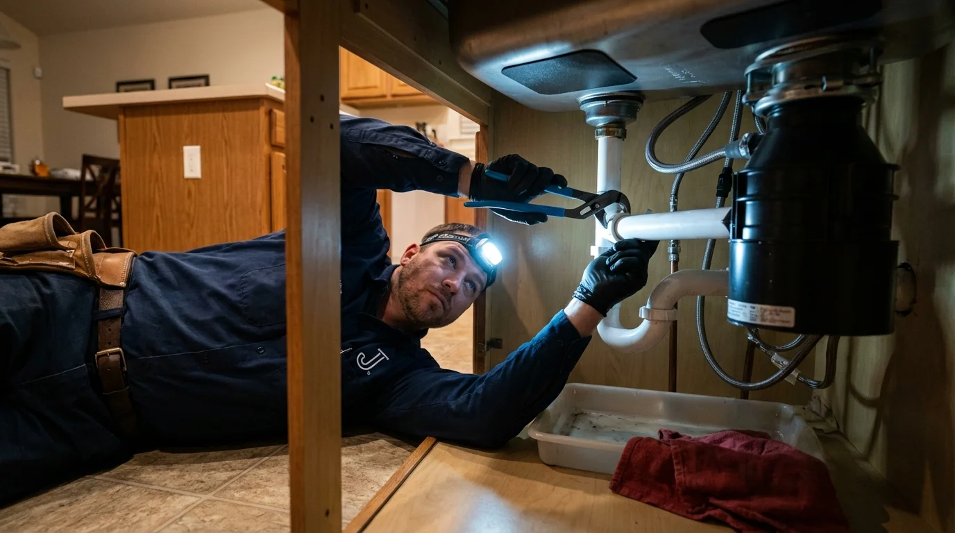P-trap and supply line connections under a kitchen sink showing a common leak point in Barnstead, NH